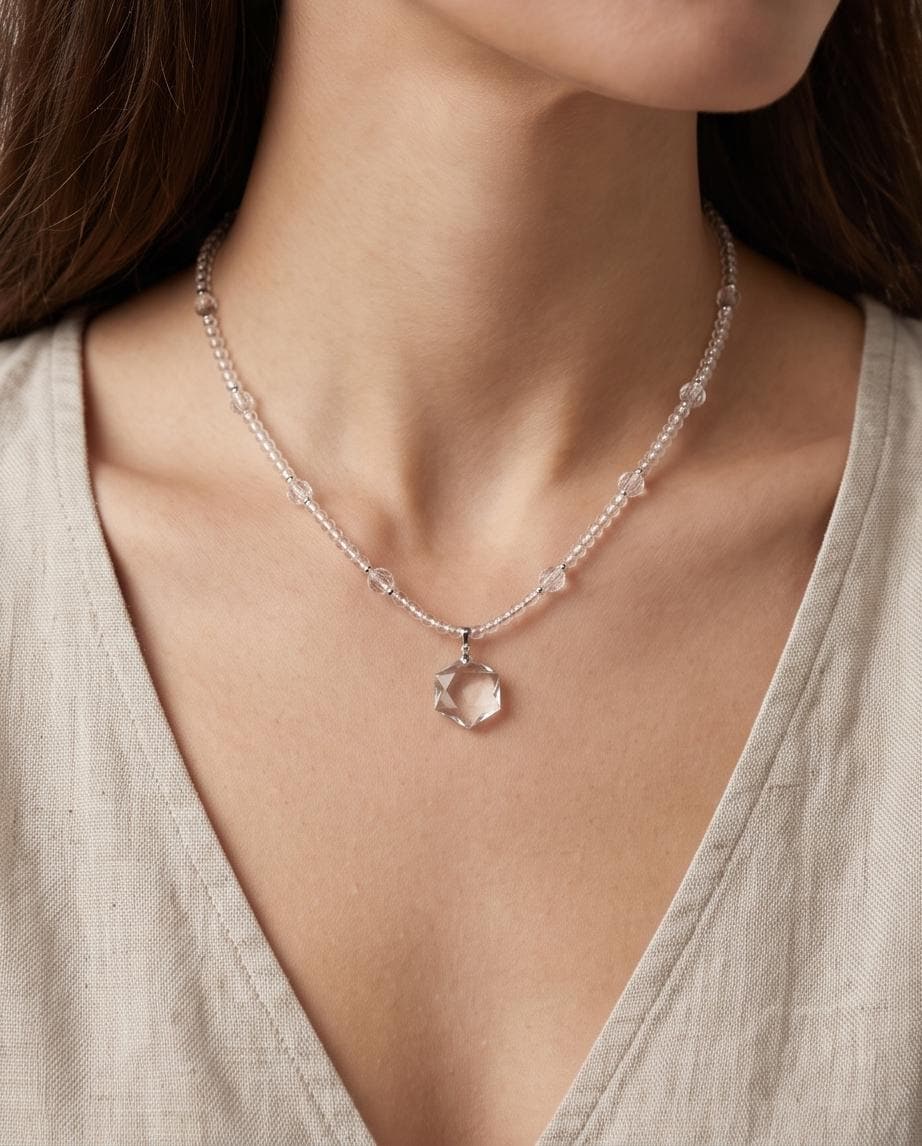 Clear Quartz Necklace, Star of David Pendant, Natural Chunky Crystal Geometry Jewelry, Clear Quartz Choker, Minimalist Gemstone Necklace