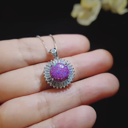 Fire Purple Opal Necklace - Gemstone Sun Style Full Sterling Silver #677