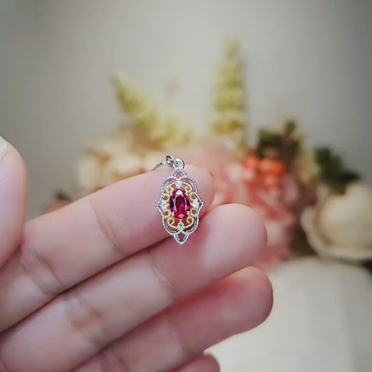 Tiny Buddha's hand Ruby Necklace - 24k Gold decorated Sterling Silver Minimalist Oval Ruby Pendant - Blessing Buddha Hand Jewelry #112