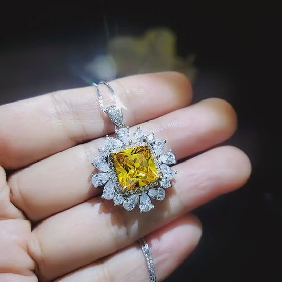 Yellow Moissanite Gemstone Necklace -  Halo Square 7 CT  Yellow Gemstone Pendant - November Birthstone-18KGP 925S #874
