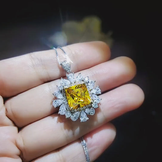 Yellow Moissanite Gemstone Necklace -  Halo Square 7 CT  Yellow Gemstone Pendant - November Birthstone-18KGP 925S #874
