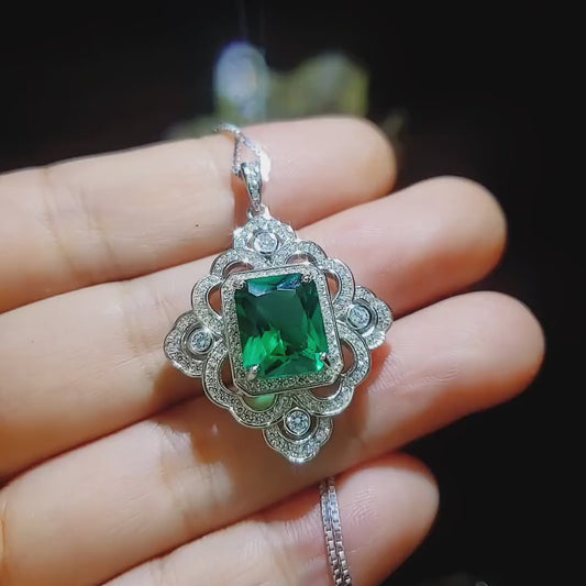 Gorgeous Green Emerald Necklace  - Gemstone Flower Sterling Silver White Gold Coated - Faceted Rectangle 5 CT Emerald Pendant #878