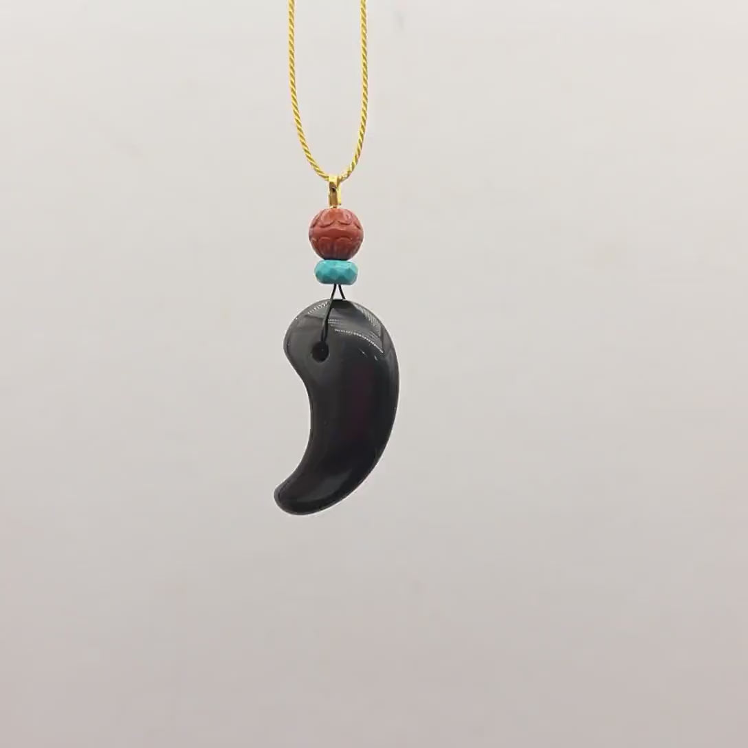 Black Obsidian Crescent Pendant Necklace, Red Jasper Turquoise Beads, Adjustable Gold Cord, Protection Amulet,  chunky stone jewelry #2327
