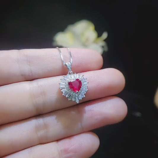 Double Halo Ruby Necklace -  Red Ruby Heart Pendant - 18KGP @ Sterling Silver - Dainty  Ruby Pendant -  July Birthstone #268
