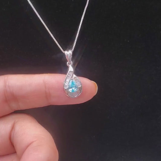 Tiny Teardrop Aquamarine Necklace Sterling Silver - March Birthstone - Cubic Zirconia Pendant 102