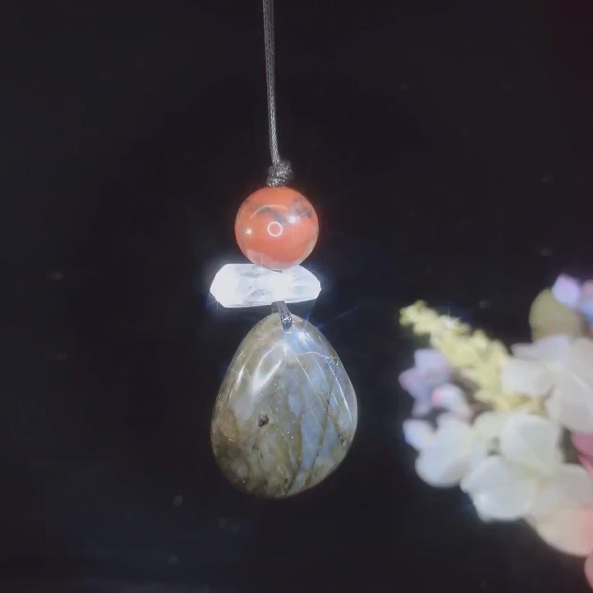 Chunky Labradorite   Red Jasper Necklace, Geometric Zen Pendant, Natural Clear Quartz, Adjustable Leather Cord, Men's & Women's Gift