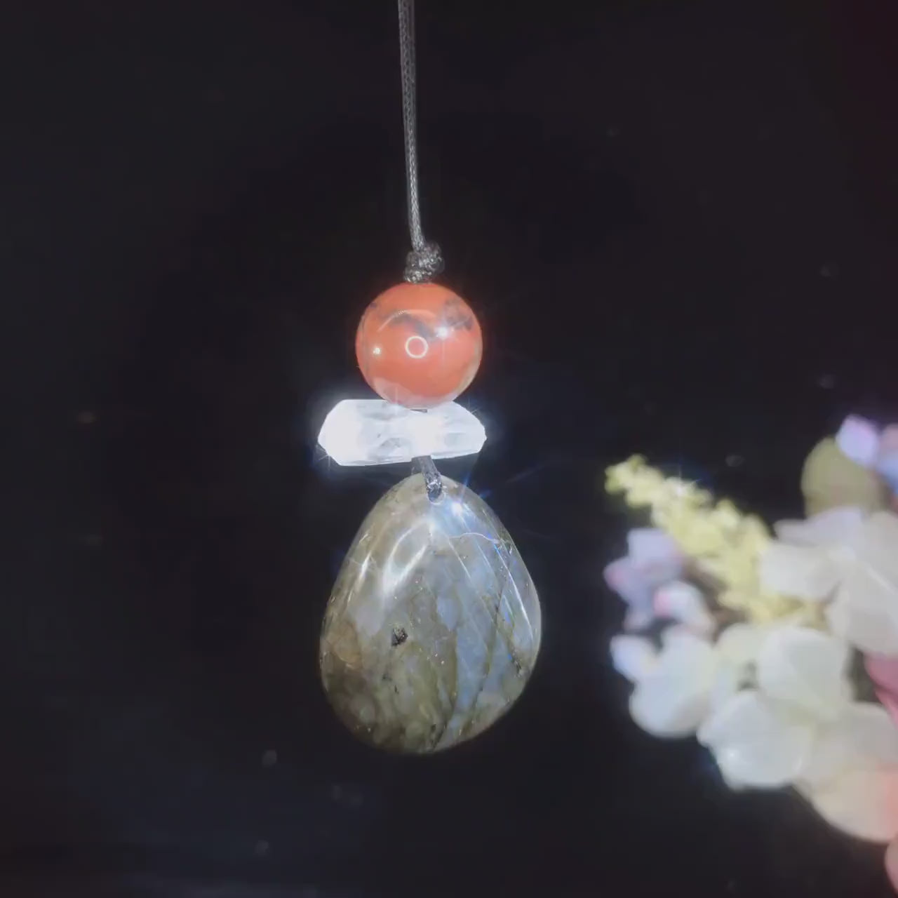 Chunky Labradorite   Red Jasper Necklace, Geometric Zen Pendant, Natural Clear Quartz, Adjustable Leather Cord, Men's & Women's Gift