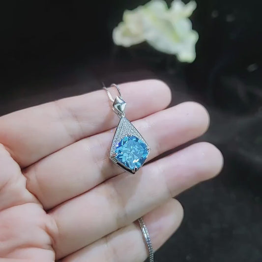 Aquamarine Necklace - Rhombic Style Blue Aquamarine Pendant- 18KGP Sterling Silver - Cushion Cut 6 CT -   March Birthstone #599