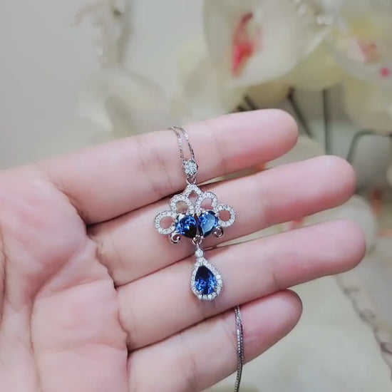 Blue Sapphire Necklace, Sterling Silver Peacock Flower Pendant, Blue Gemstone Tassel  Jewelry, September Birthstone 18K Gold Plate #776