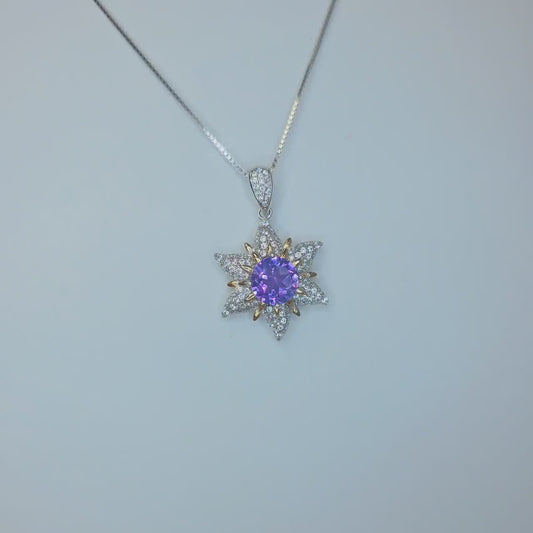 Genuine Amethyst Necklace - Celestial Point Star Pendant - 18KGP @ Sterling Silver - Round Cut Natural Amethyst Pendant February Birthstones