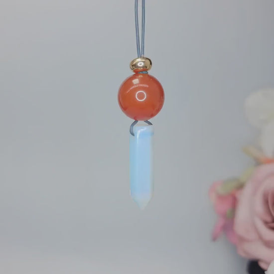 Opalite Crystal Point Pendant Necklace, Chunky Geometric Red Carnelian Healing Stone Jewelry, Adjustable Leather Cord