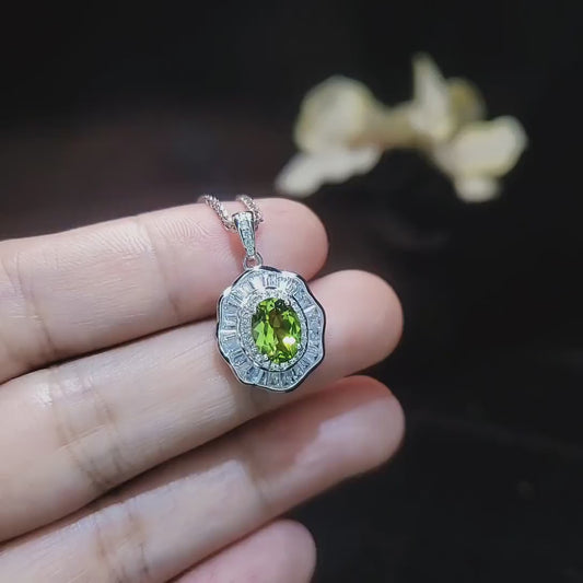Genuine Peridot Necklace - Natural Green Pendant - 18KGP @ Sterling Silver - August Birthstone -  Gemstone Lotus Flower Necklace #591