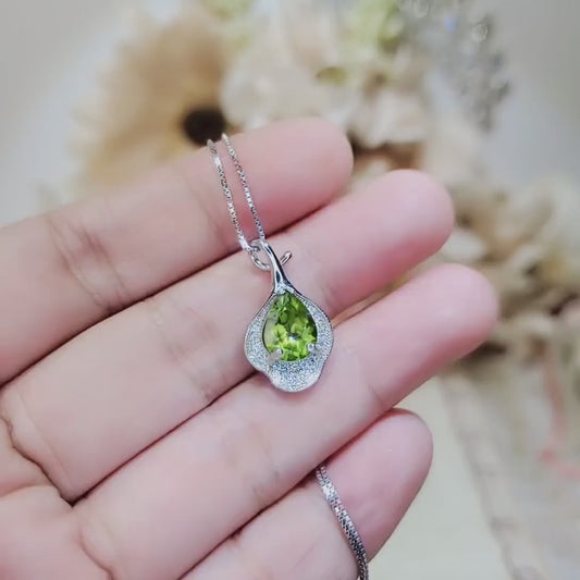 Genuine Teardrop Peridot Necklace - Gemstone Petal Flower -Natural 2.5 CT Green Peridot Pendant 18KGP August Birthstone Sterling Silver #937