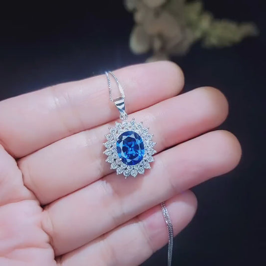 Large Blue Sapphire Necklace - 2.8 CT Double Halo Gemstone Blue Sapphire Pendant  - September Birthstone - Jewelry #646