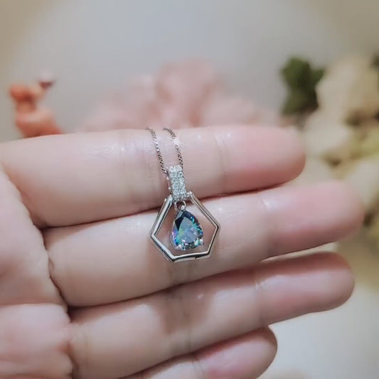 Geometric Rainbow Mystic Topaz Necklace - Sterling Silver Triangle Diamond Teardrop Mystic Topaz Pendant - Tiny Dynamic Hexagon Jewelry #109