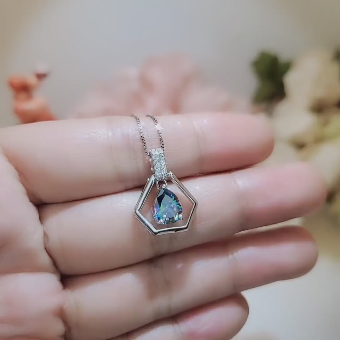 Geometric Rainbow Mystic Topaz Necklace - Sterling Silver Triangle Diamond Teardrop Mystic Topaz Pendant - Tiny Dynamic Hexagon Jewelry #109