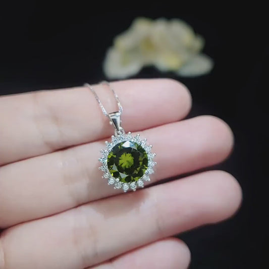 Large Round Peridot Necklace - Sterling Silver Halo 10 mm 4 CT  Princess Diana Style Peridot #143