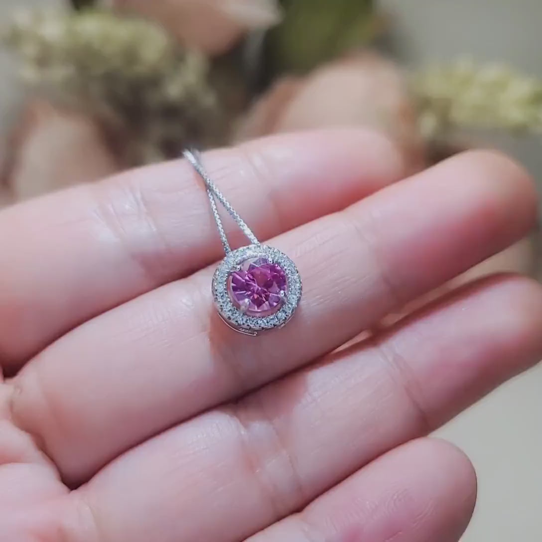 Tiny Round Pink Tourmaline Choker Necklace - Sterling Silver Gemstone lucky circle pink tourmaline pendant 059