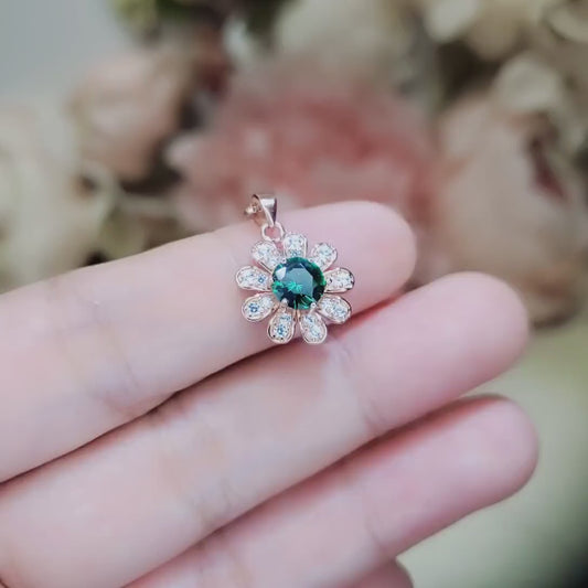 Emerald Necklace - Rose Gold Coated Sterling Silver Sunflower Necklace - Tiny Green Emerald Jewelry 089