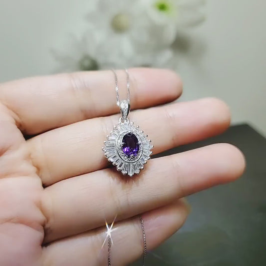 Sim Gemstone Genuine Amethyst Necklace - 18KGP @  Sterling Silver Halo 1.5 Ct Natural Purple Amethyst Pendant February Bridal  #620