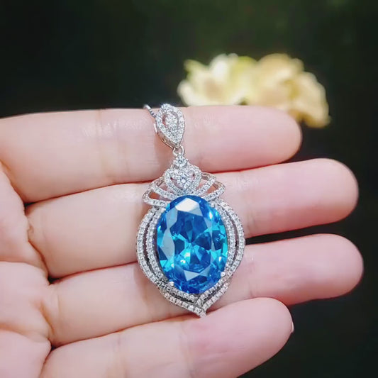 Large Blue Topaz Sterling Silver Necklace 14 ct Oval Swiss Blue Topaz Pendant Sim Gemstone White Gold Coat  Royal Crown   #918