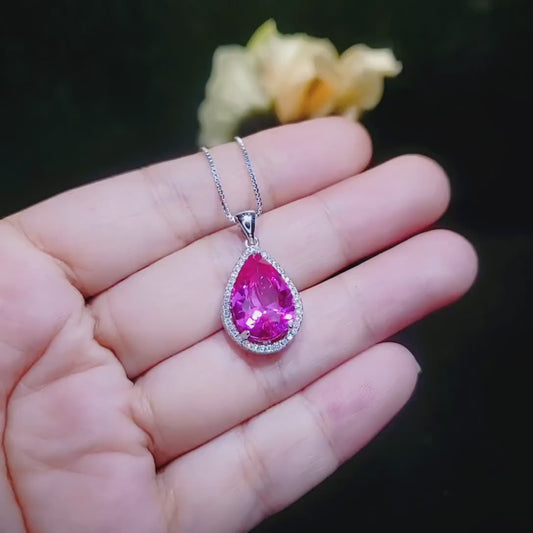 Large Teardrop Pink Sapphire Necklace - Sterling Silver Fuchsia Large 5 CT Pink Sapphire Pendant - White Gold Fuchsia Gemstone Jewelry #746