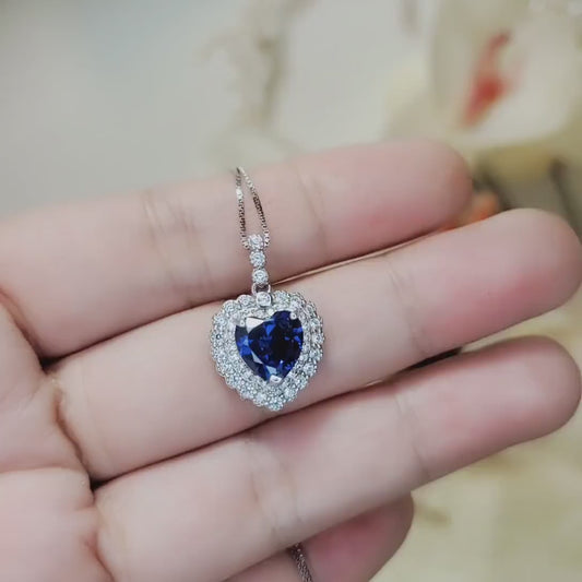 Tanzanite Necklace -  18k @ Sterling Silver - Gemstone Blue Ocean Heart Double Halo 2 CT Man created Vivid Energic Tanzanite Gemstone #474
