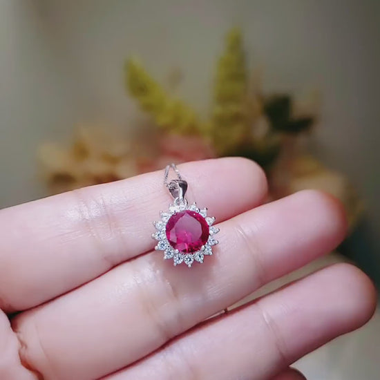 Red Ruby Necklace Sterling Silver - 8mm 2 CT Ruby Pendant - July Birthstone Princess Diana Style -  Solitaire Round Gemstone Necklace #124