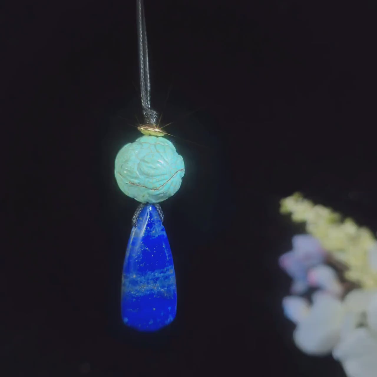 Chunky Lapis Lazuli & Carved Turquoise Necklace, Lotus Birthstone Pendant, Geometric Zen Jewelry, Adjustable Leather Cord, Yoga Gift