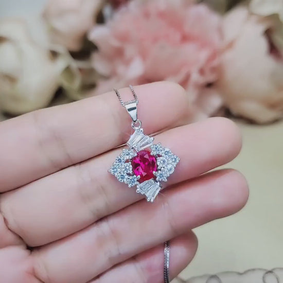 Diamond Style Red Ruby Necklace White Gold Plated Sterling Silver 1.7 CT Red Gemstone Pendant July Birthstone 1035