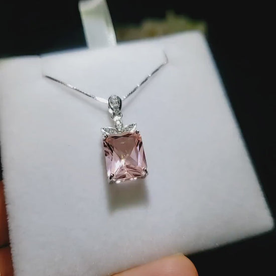 Morganite Necklace - Large Rectangular Pink Morganite Pendant - Royal Flower - Sterling Silver - 5 Ct Rose Color Lab Morganite Jewelry #665