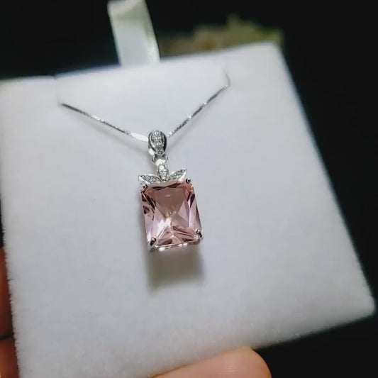 Morganite Necklace - Large Rectangular Pink Morganite Pendant - Royal Flower - Sterling Silver - 5 Ct Rose Color Lab Morganite Jewelry #665