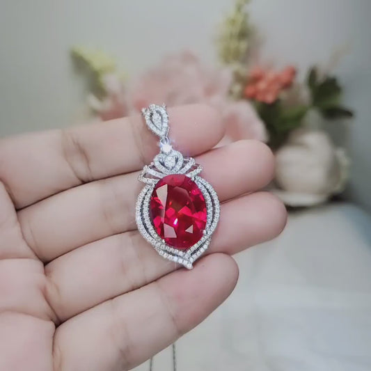 Large Ruby Sterling Silver Necklace 14 ct Oval Lab Red Gemstone Pendant  July Birthstone  Royal Crown #913