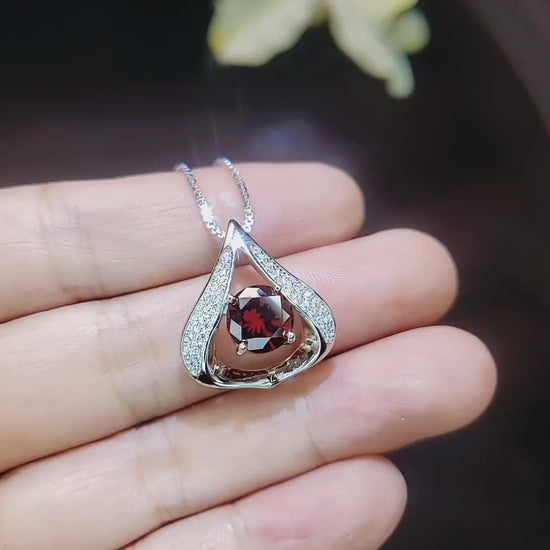 Gemstone Fat Triangle Garnet Necklace -  18KGP & Sterling Silver - 2 Ct Round Cut Deep Red Garnet Jewelry #582
