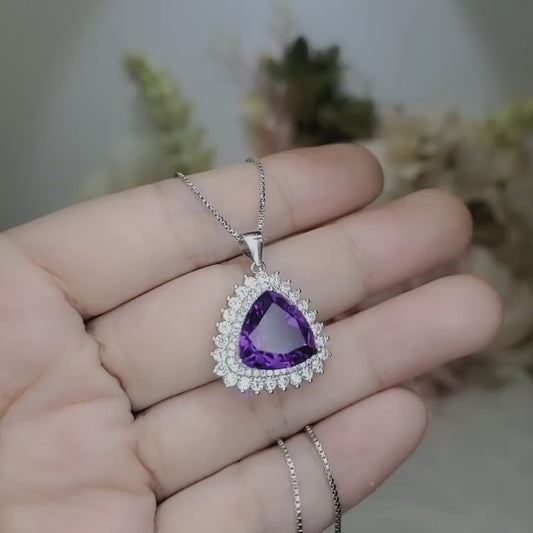 Large Genuine Trillion Amethyst Necklace, Layered 7 CT Triangle Halo Solitaire Purple, Natural Amethyst Pendant #981