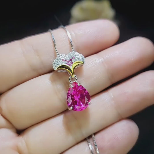 Pink Sapphire Necklace Ginkgo biloba Pendant - 18kgp @ Sterling Silver - Large Teardrop  3.5 CT Fuchsia Sapphire Jewelry Gemstone Leaf #868