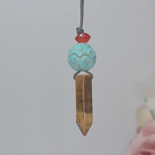 Geometric Tiger's Eye Pendant Necklace, Chunky Crystal Point with Red Carnelian and Turquoise Lotus, Adjustable Leather Cord #2565