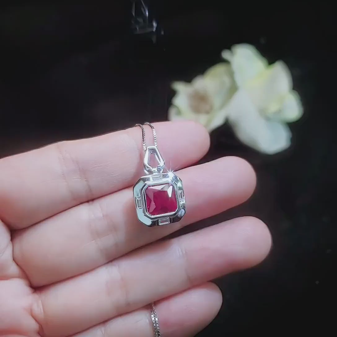 Square Scissor Cut Ruby Necklace - Red Ruby Pendant White gold @ Sterling Silver - July Birthstone   Chain - Red Ruby Pendant #302