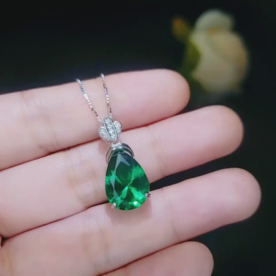 Large Teardrop Emerald Necklace Sterling Silver Gemstone Crown  Pear Cut Lab Created Green Gemstone Emerald Pendant Jewelry 6.5 CT #636