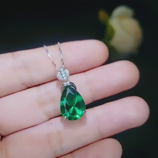 Large Teardrop Emerald Necklace Sterling Silver Gemstone Crown  Pear Cut Lab Created Green Gemstone Emerald Pendant Jewelry 6.5 CT #636