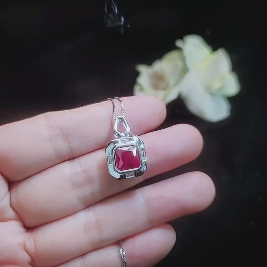 Square Scissor Cut Ruby Necklace - Red Ruby Pendant White gold @ Sterling Silver - July Birthstone   Chain - Red Ruby Pendant #302