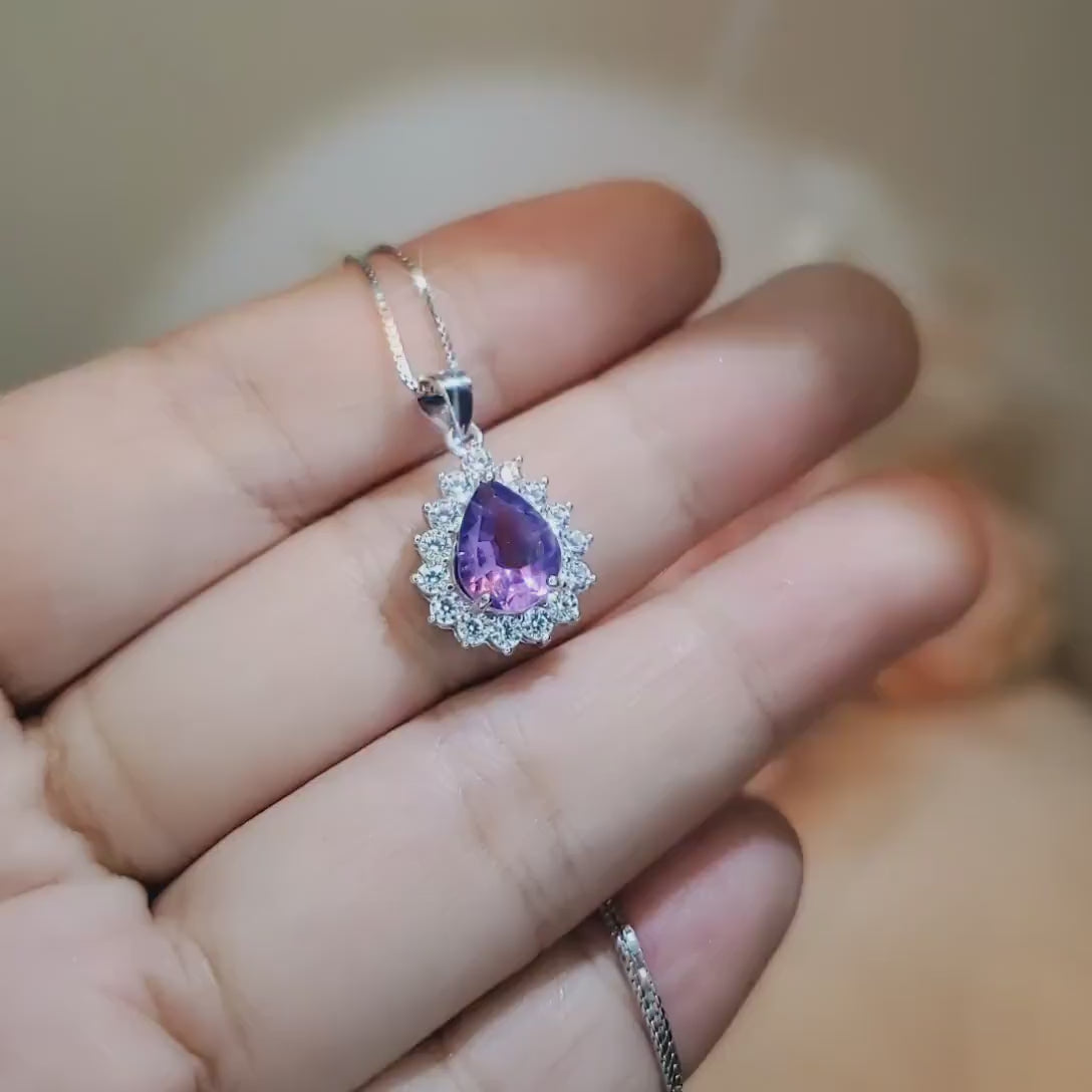 Tiny Genuine Amethyst Necklace - Sterling Silver Teardrop Gemstone 1.2 CT Amethyst Pendant February Birthstone - Halo Jewelry #357