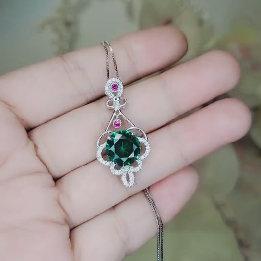 4 CT Emerald Necklace Sterling Silver Flower Tassel 10mm Round Green Gemstone Pendant Diamond White Gold Plated May Birthstone 1025