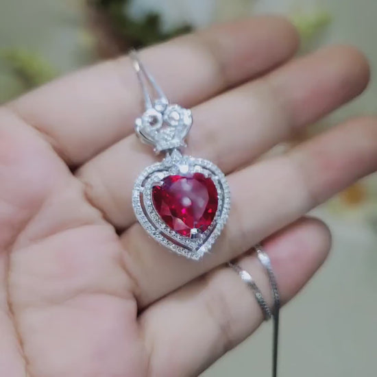 Large Halo Heart Ruby Necklace, Large Sterling Silver Royal Crown 7 CT Lab Created Red Ruby Pendant #811