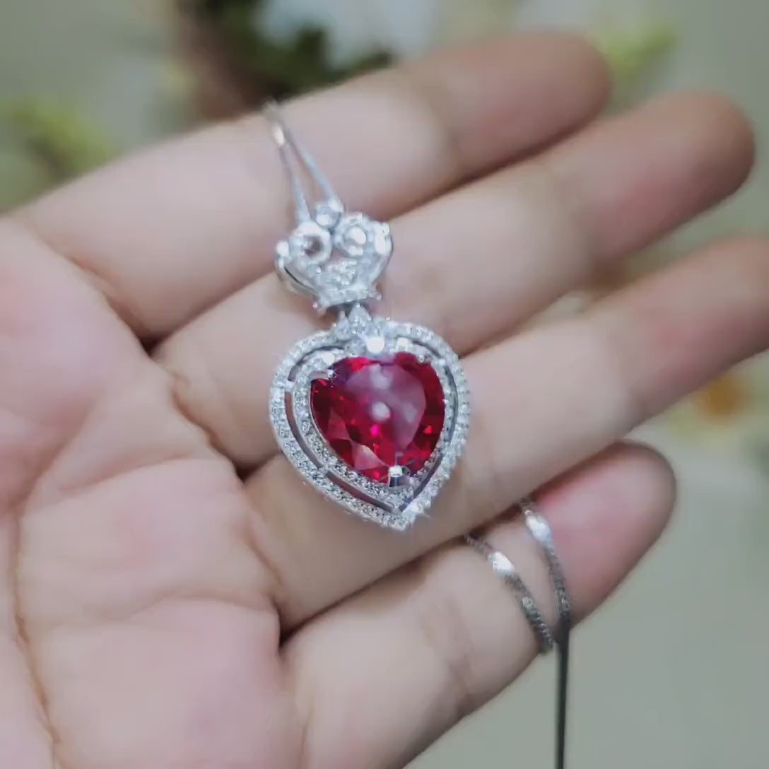Large Halo Heart Ruby Necklace, Large Sterling Silver Royal Crown 7 CT Lab Created Red Ruby Pendant #811