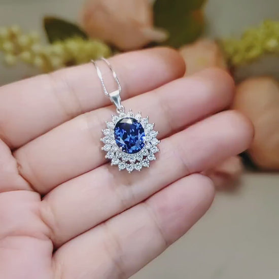 Large Tanzanite Necklace Double Layer Gemstone Halo 2.8 CT  Tanzanite Pendant Sterling Silver White Gold Plated Blue Gemstone #730