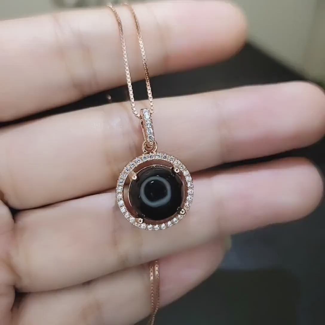 Solitaire Black Onyx Necklace , Classic 4 CT Natural Genuine Onyx Pendant -  18KGP @ Sterling Silver - Black Gemstone Protective Stone #159