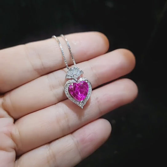 Gorgeous 3 ct Pink Sapphire Heart Necklace - White gold coated Sterling Silver - Gemstone Halo Fuchsia Color heart Pendant #575