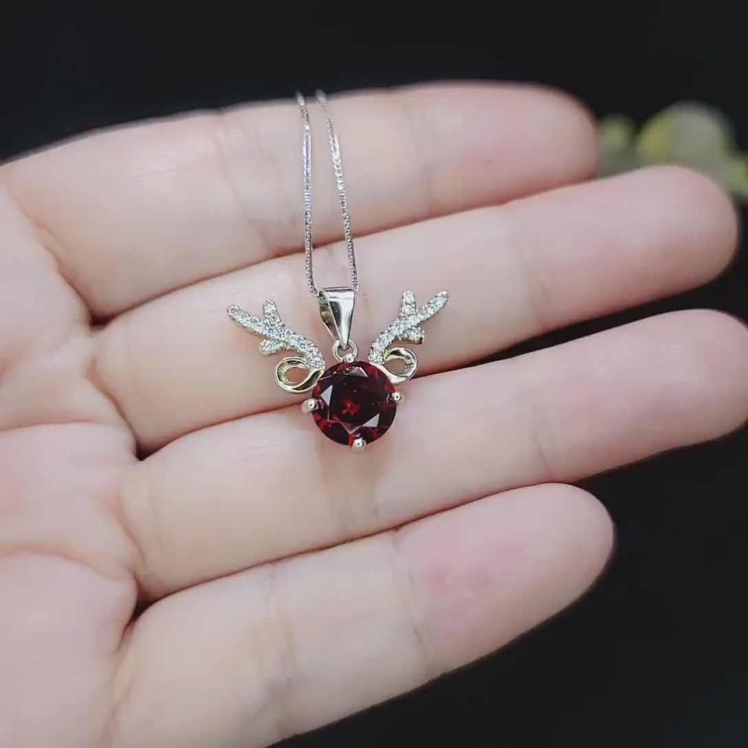 Deer Antler Garnet Necklace - Sterling Silver 8mm Round Cut 2 Ct Garnet Pendant -  January Birthstone #341