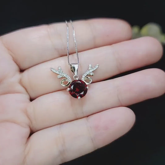 Deer Antler Garnet Necklace - Sterling Silver 8mm Round Cut 2 Ct Garnet Pendant -  January Birthstone #341